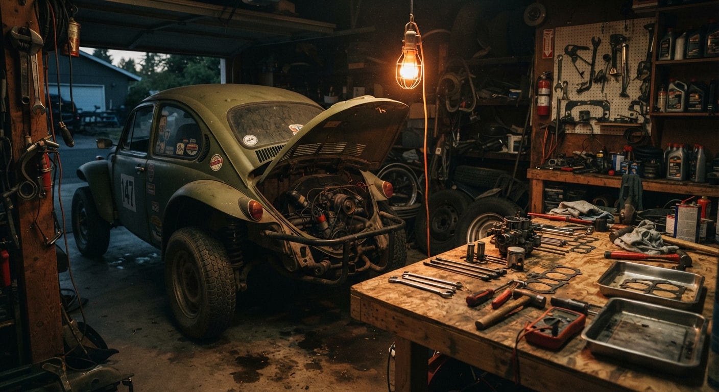 A cluttered workshop bench with tools and parts